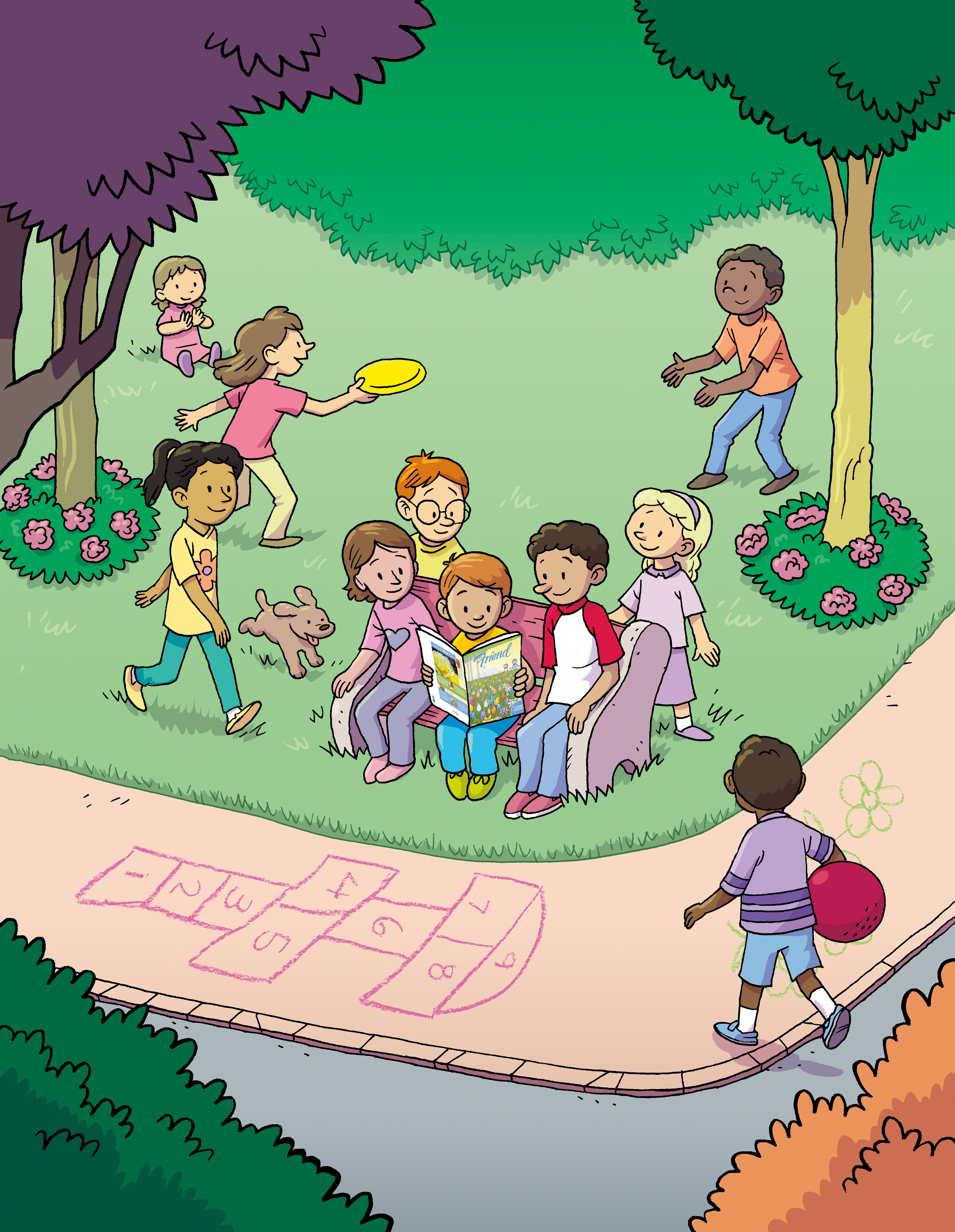 An illustration of a group of children sitting on a bench at a park, reading the Friend magazine while other children around them play with a Frisbee and a ball.