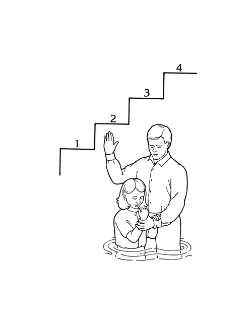 A black-and-white illustration of a father, with his hand to the square, baptizing his daughter. Stairs with the numbers 1–4 are in the background.