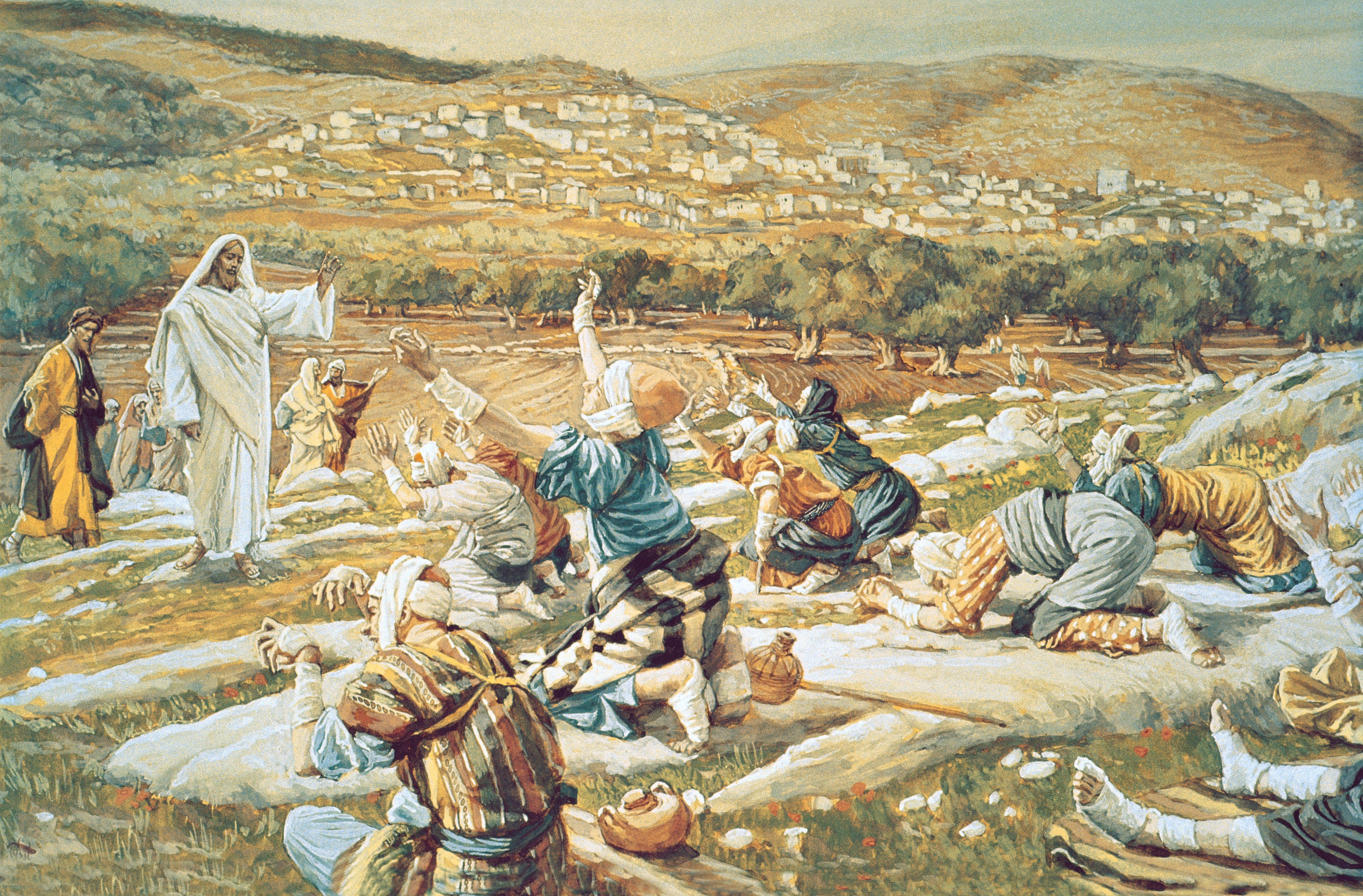 A painting by James Tissot showing Christ approaching a group of 10 lepers, who are kneeling on the ground, begging for assistance.