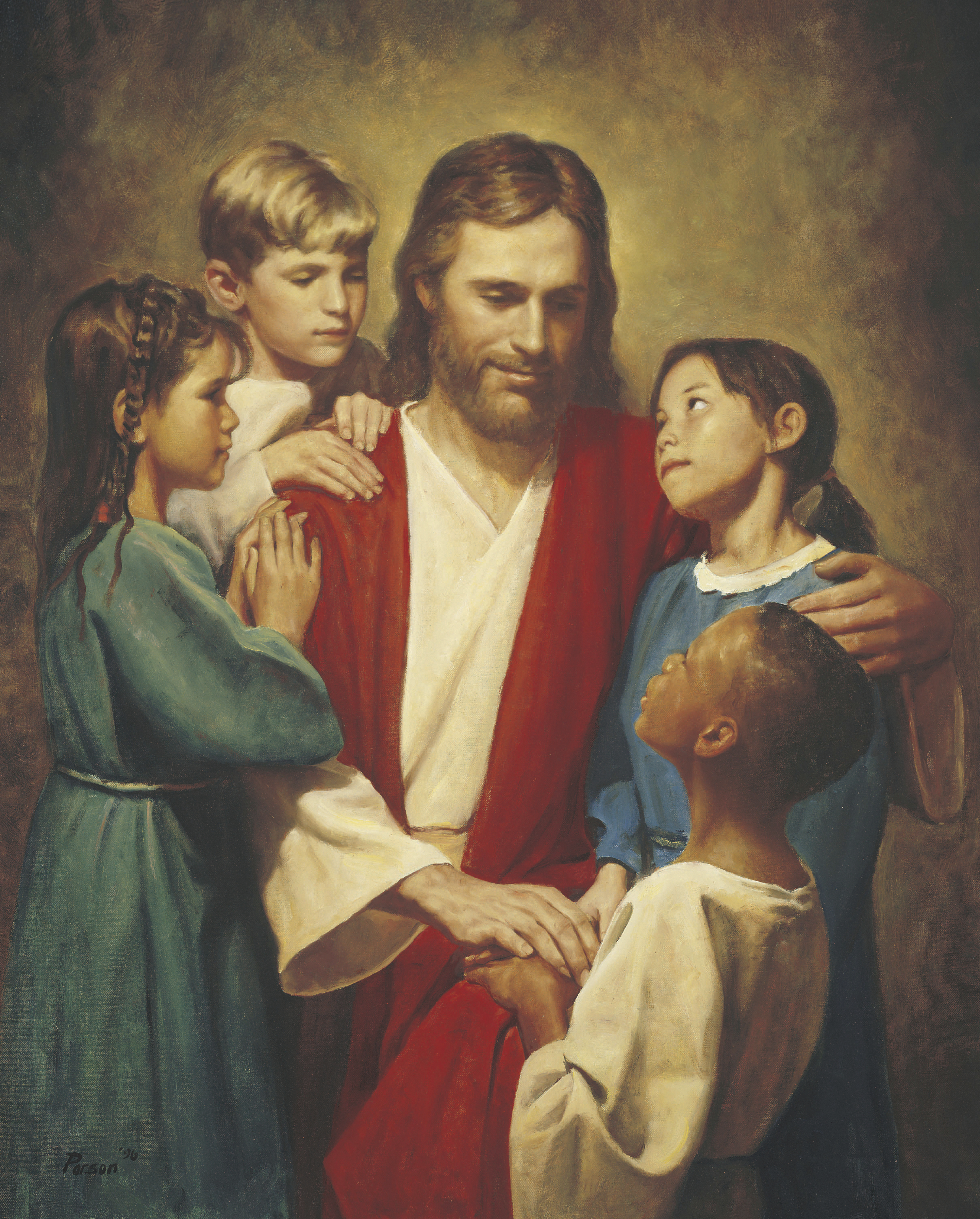 Christ and Children from around the World (Christ with Children), by Del Parson (62190); GAK 608; GAB 116; Matthew 19:13–15; Mark 10:13–16; Luke 18:15–17