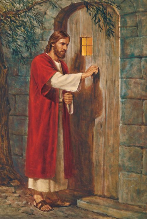 Christ in red and white robes, knocking on a plain wooden door with a small window showing warm light inside.