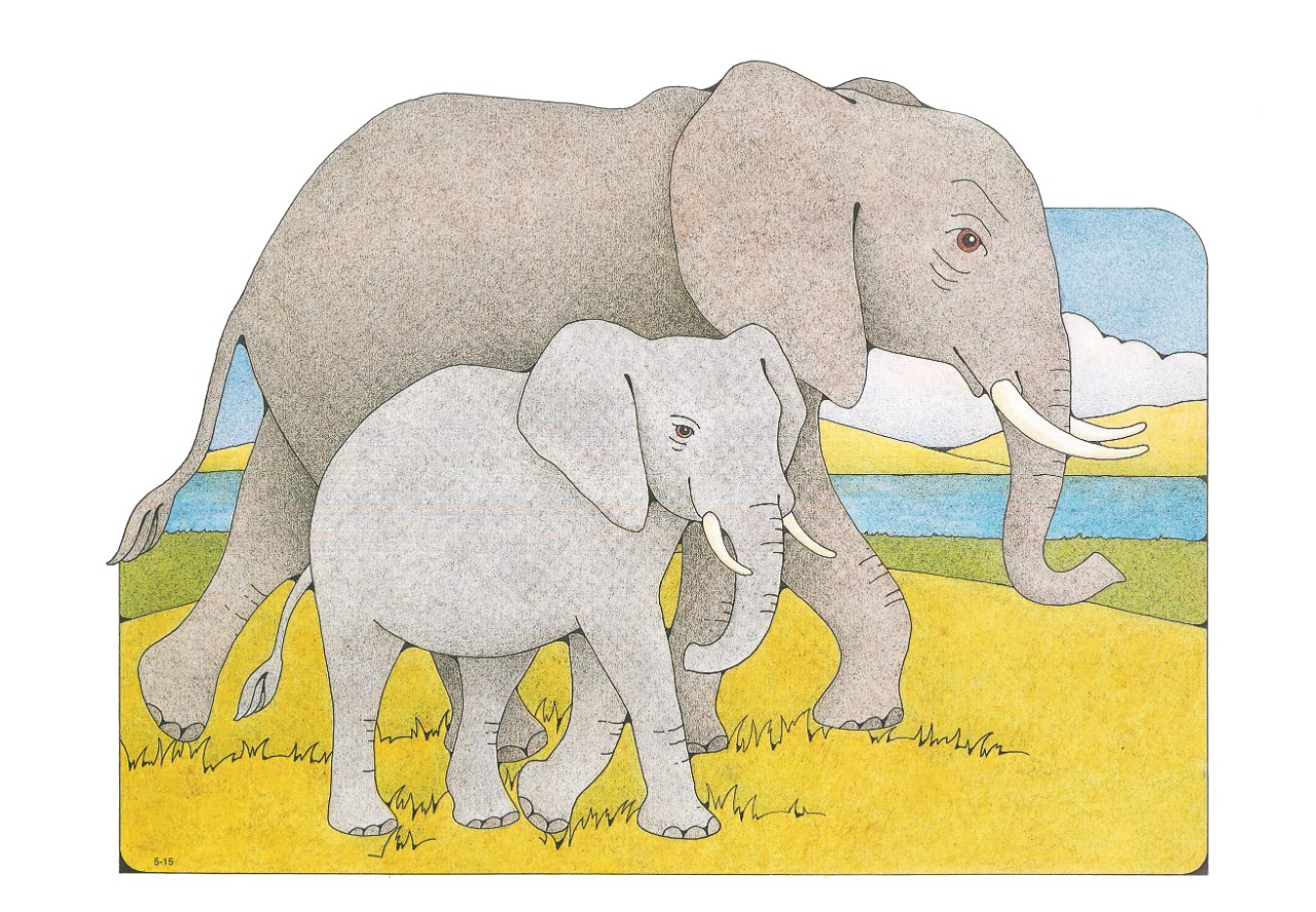 A Primary cutout of a mother elephant walking with her baby on yellow grass by a river.