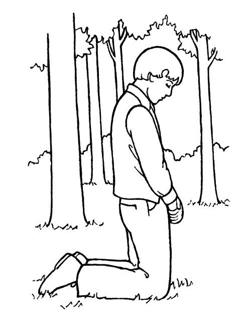 A black-and-white illustration of the young boy Joseph Smith kneeling in prayer in the Sacred Grove prior to the First Vision.