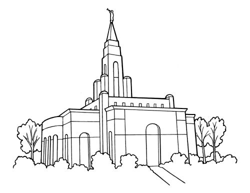 A black-and-white illustration of a temple with trees and bushes surrounding it.