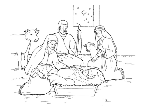 A black and white illustration of Mary, Joseph, and the baby Jesus surrounded by animals, with stars seen out of a nearby window.