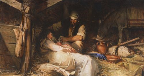 José, María y el niño Jesús en un establo
