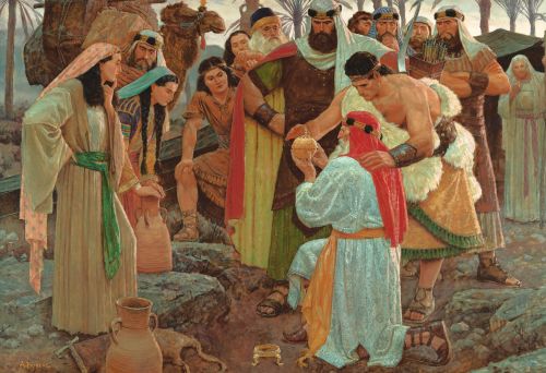 A painting by Arnold Friberg depicting Lehi kneeling on the ground and holding the Liahona, with Nephi and their family gathered around.