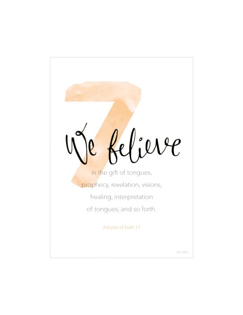 A white background with a large number 7 printed in light orange, paired with the words of Articles of Faith 1:7.