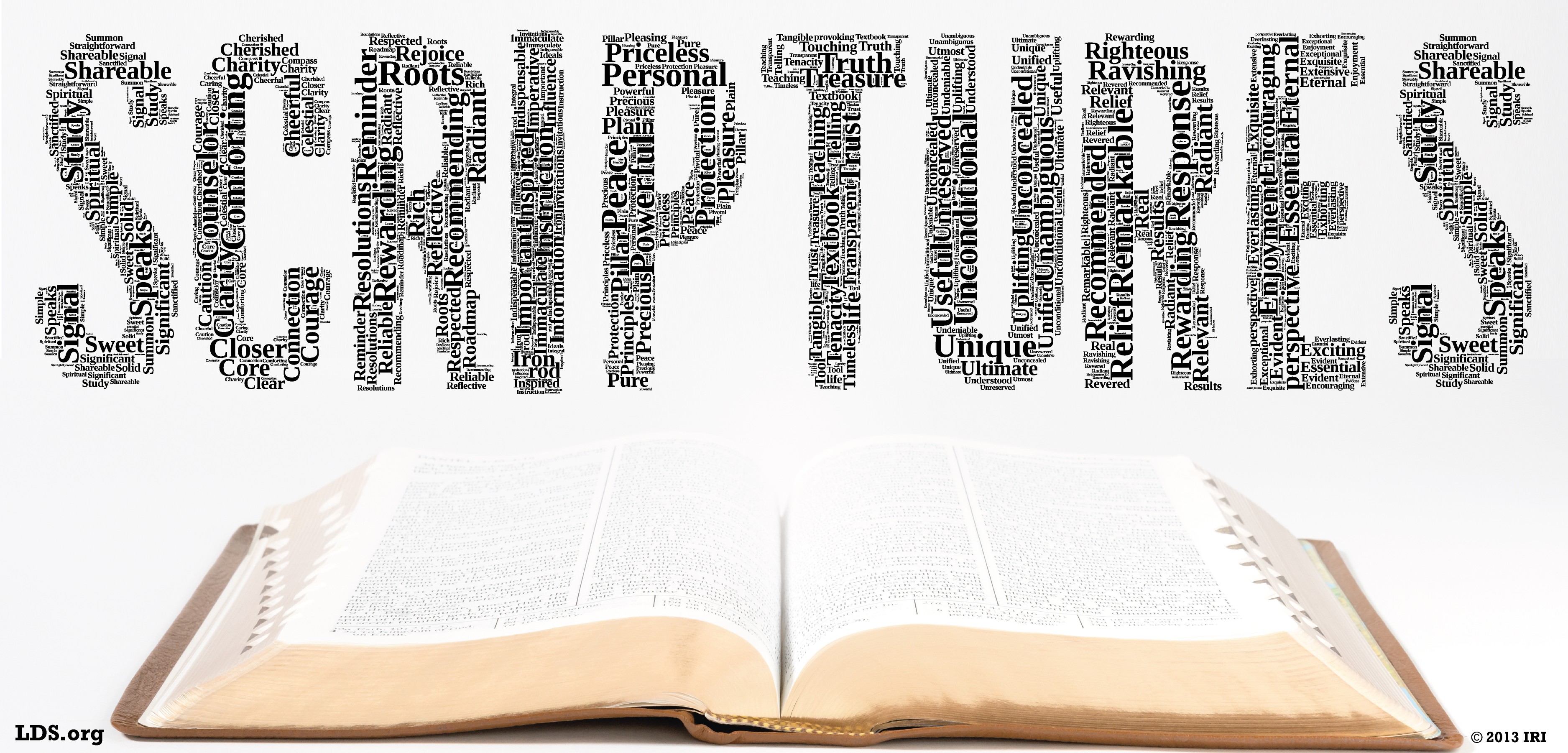 An image of the scriptures with the word “Scriptures” created by a word cloud overhead.