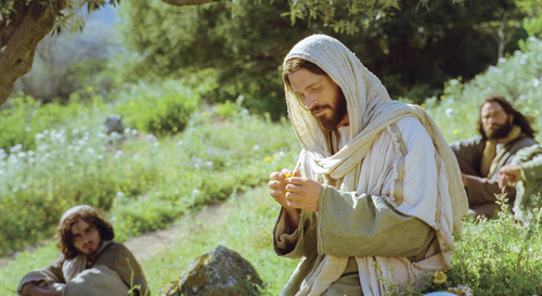 Luke 12:13–34, Listeners sit around Jesus on a hill