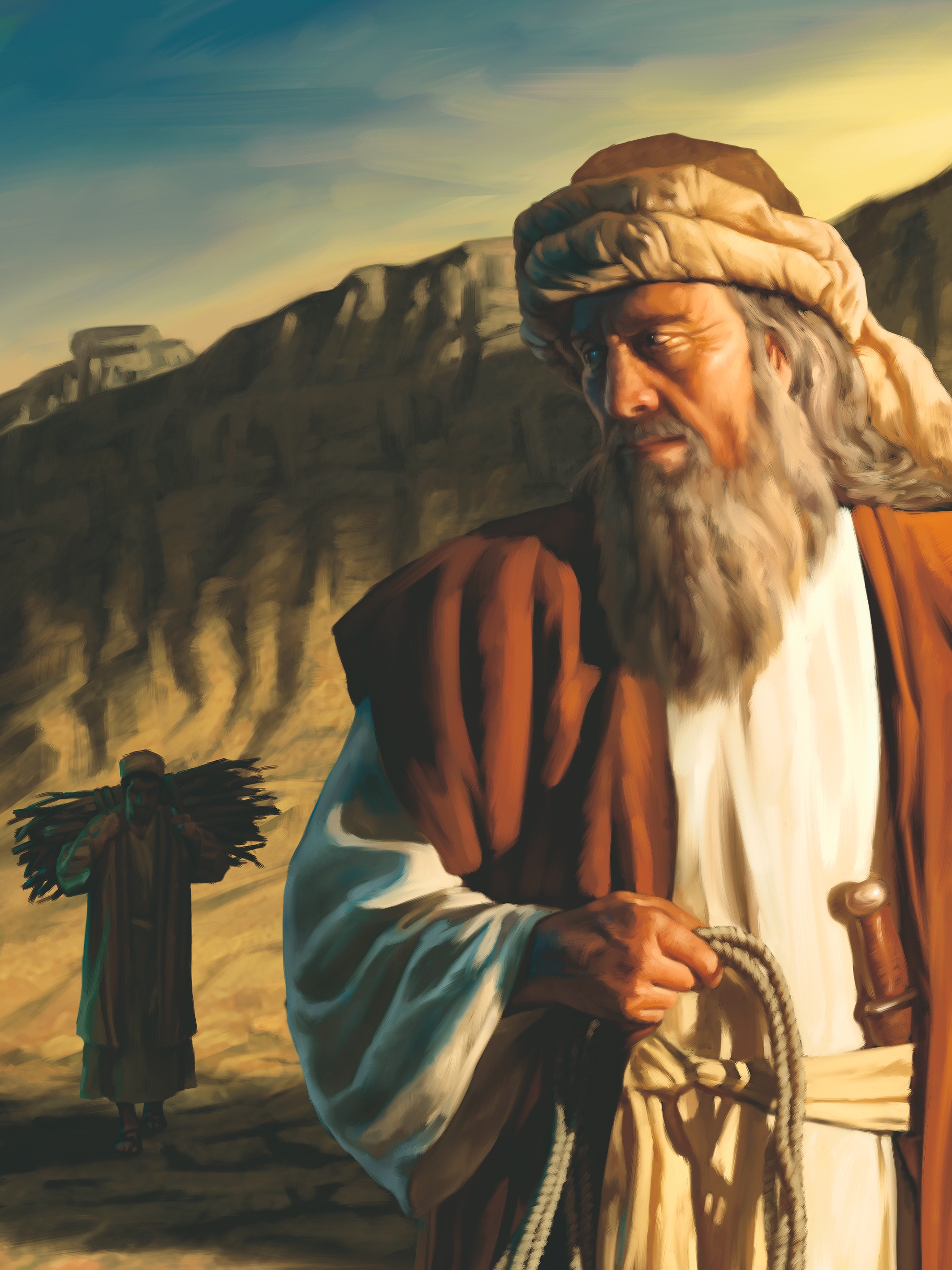 Abraham looking at Isaac carrying a load of wood.