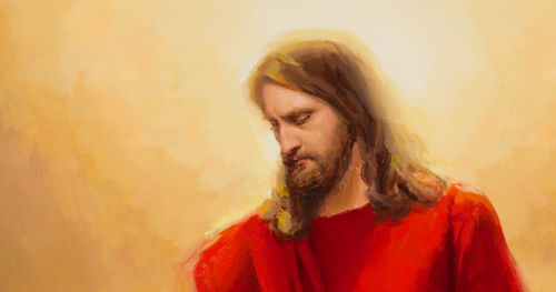 “He Comes Again to Rule and Reign” by Mary R. Sauer. Jesus Christ is descending to Earth at his Second Coming. There are men, women, and children surrounding him. He is wearing a red robe and is looking down at those who are gathering.