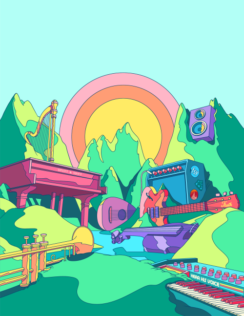 The July youth event poster depicts various musical instruments, like a trumpet, piano, and guitar, drawn in bright colors in an outdoor setting to encourage music that uplifts and edifies.