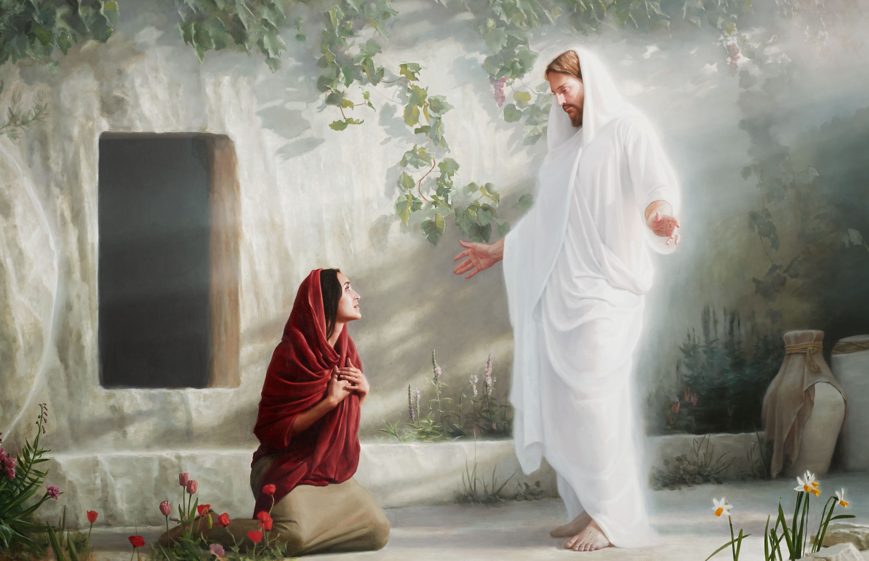The resurrected Christ is depicted appearing to Mary Magdalene outside the entrance to the empty tomb.