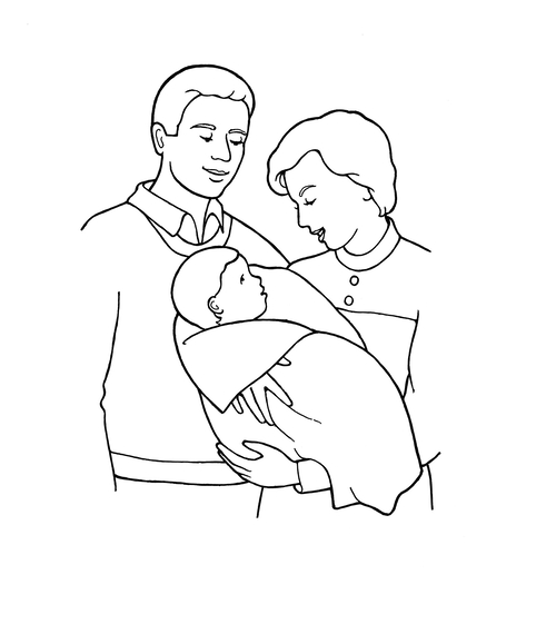 A black-and-white illustration of a mother and father standing and looking at their baby, who is wrapped in a blanket in the mother's arms.