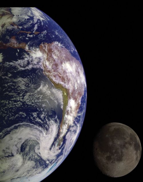 A view of a part of the earth from space, with the moon seen in the distance.