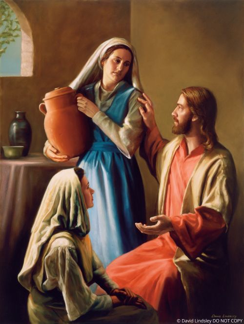 A painting by David Lindsley showing Christ sitting in the home of Mary and Martha, counseling with them.