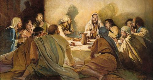Oil on paper on board painting depicting Christ and eleven apostles seated on the floor around a low table. They participate in the Sacrament of the Last Supper while the shadow of Judas is seen leaving the table. Signed by artist. Done in gold and brown tones.