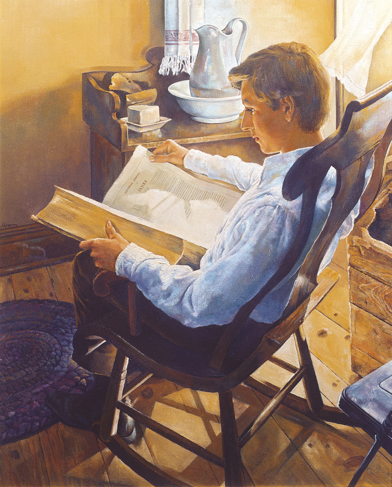 An image of Joseph Smith as a youth at home, sitting in a wooden rocking chair while reading from a large Bible on his lap.