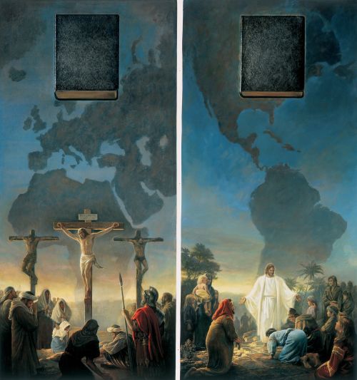 A diptych depicting Christ’s Crucifixion and His visit to the New World, with the emblems of the Bible and Book of Mormon at the top.