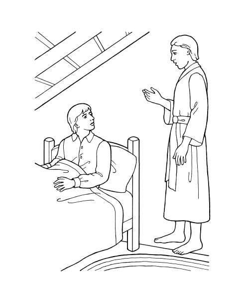 A black-and-white illustration of the angel Moroni appearing at the bedside of young Joseph Smith.