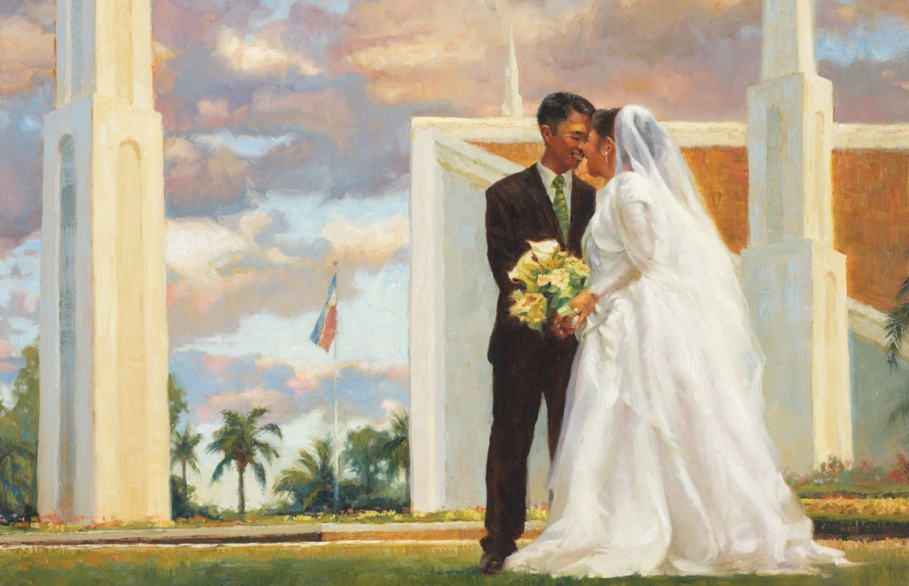 An illustration of a bride and groom standing outside of a temple on their wedding day.