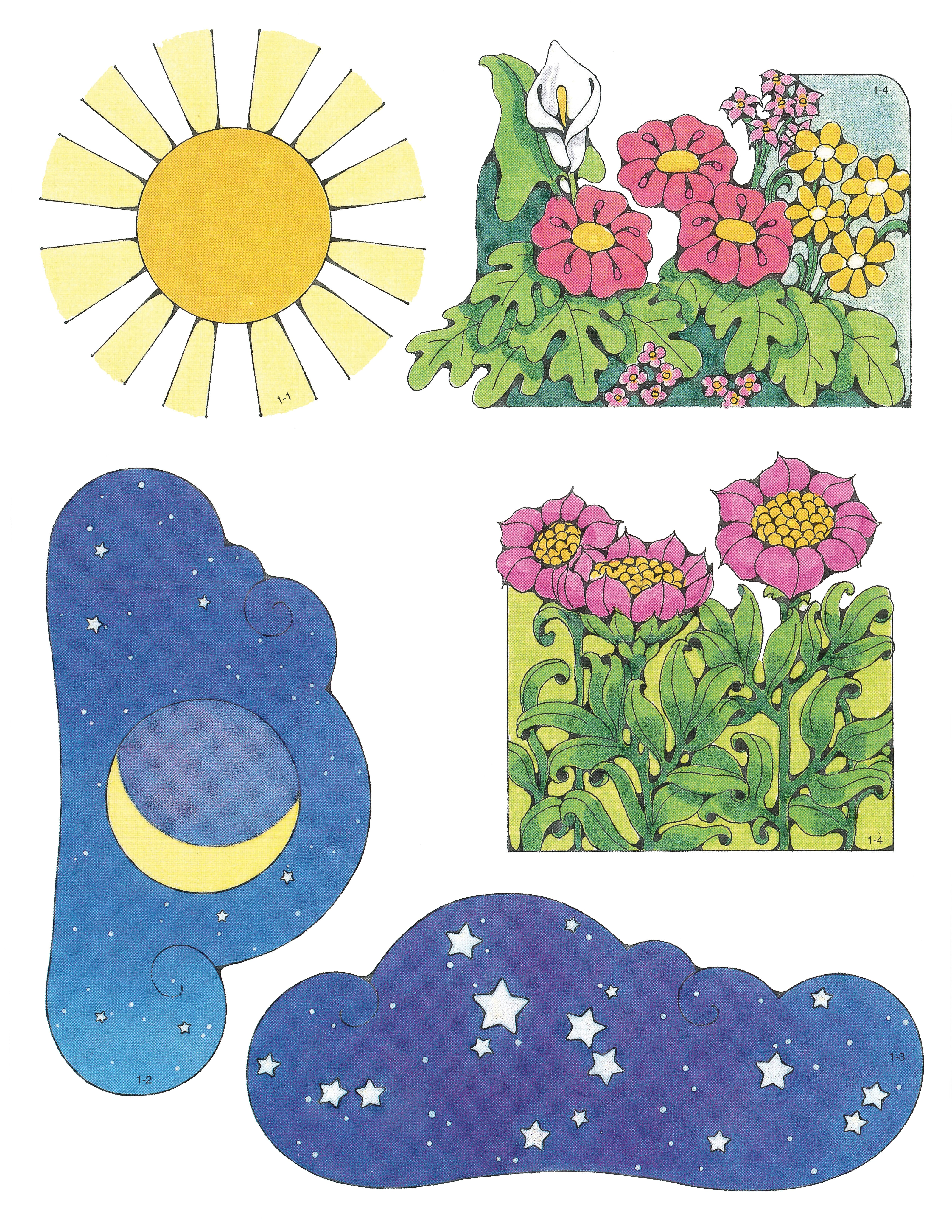 Primary 1: I Am a Child of God Cutouts 1-1, Sun; 1-2, Moon; 1-3, Stars; 1-4, Flowers.