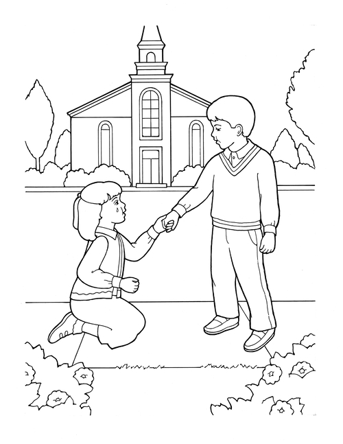 A black-and-white illustration of a boy helping a girl to stand up after she has fallen on the sidewalk in front of a meetinghouse.