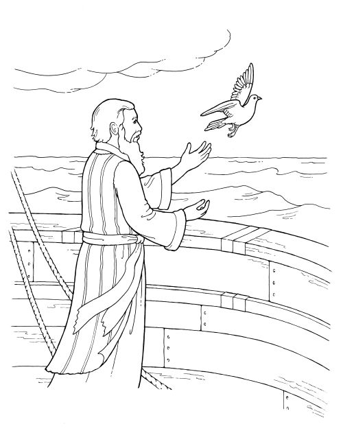 A black-and-white illustration of the prophet Noah releasing the dove of peace from the ark.