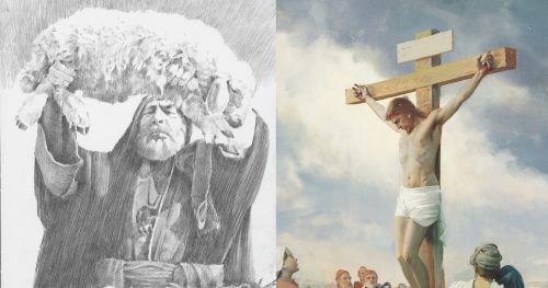 Composite of an image of an Old Testament priest offering a sacrifice, and Jesus Christ on the cross.