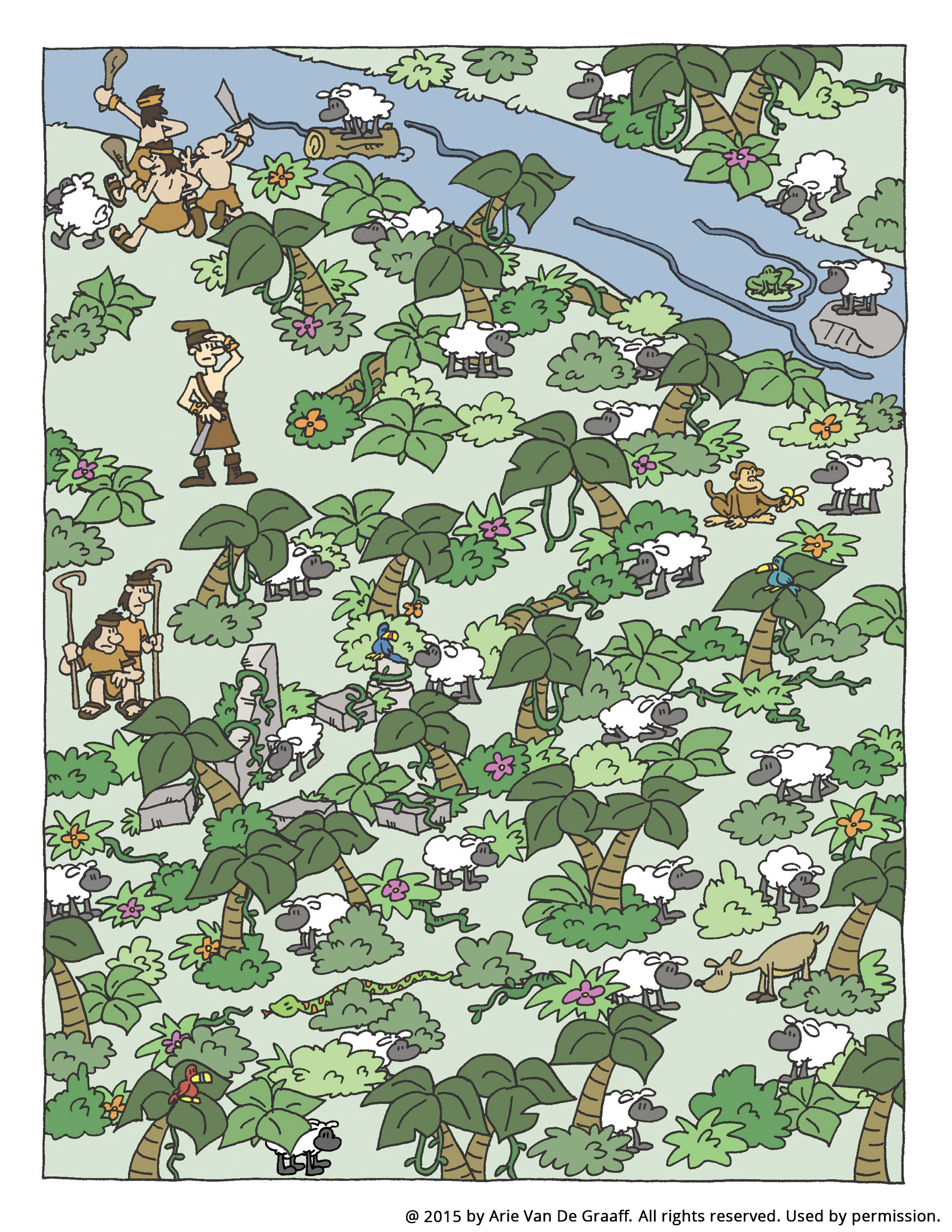 A colored scene of a river, trees, and Lamanites scattering King Lamoni’s sheep, which the children need to find and count.