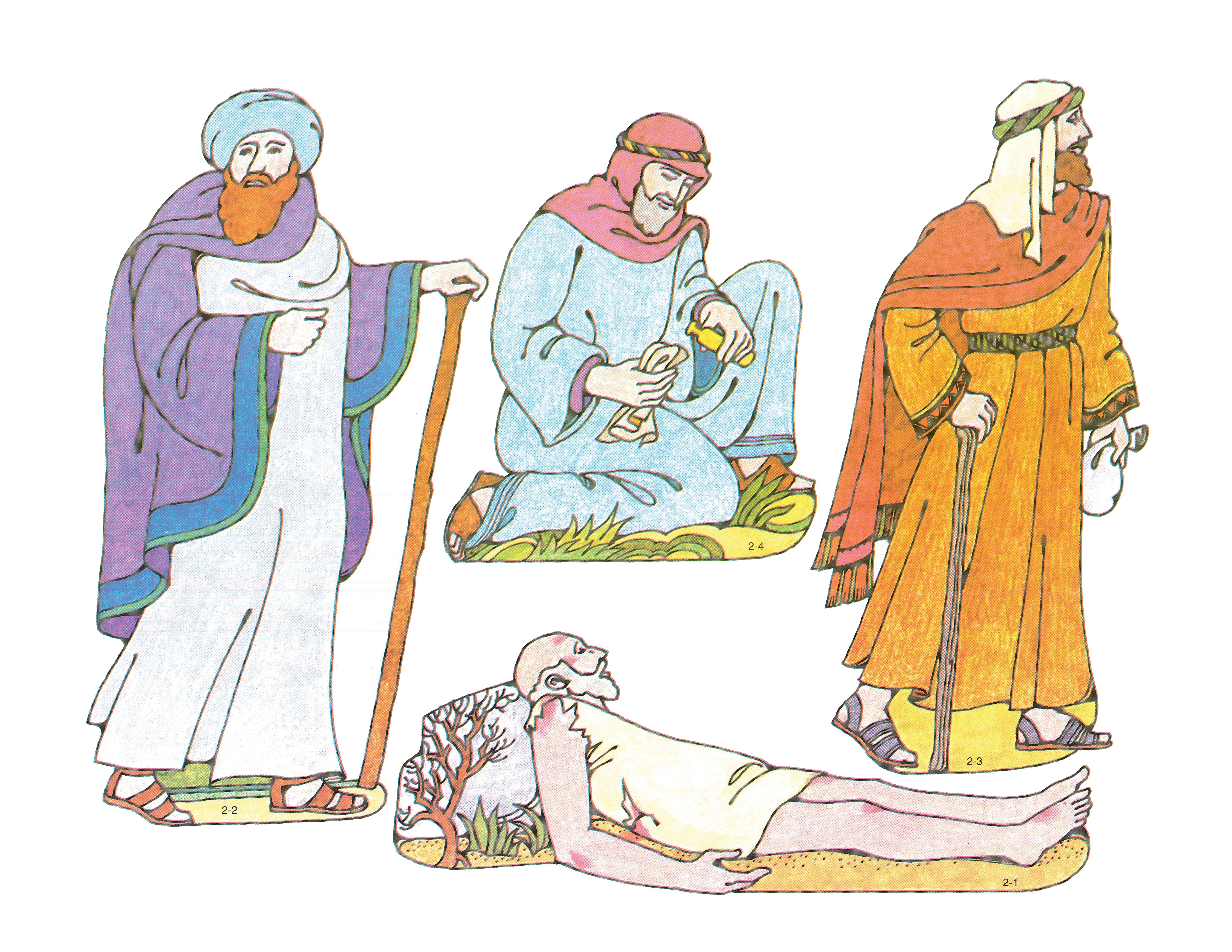 Primary 2: Choose the Right A Cutouts 2-1, Wounded Man; 2-2, Priest; 2-3, Levite; 2-4, Samaritan.