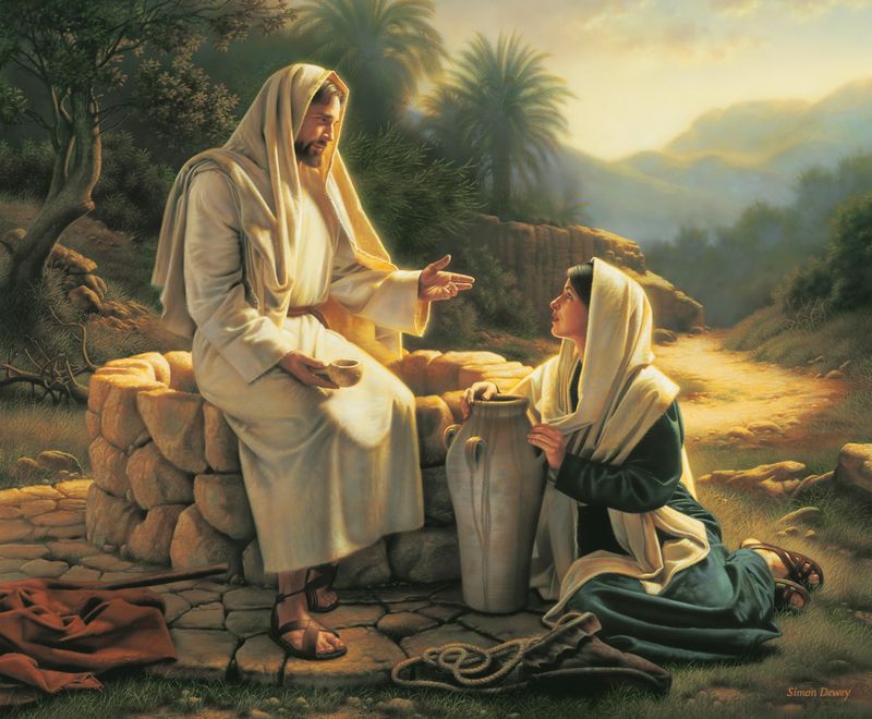 Jesus enseña a la mujer del pozo. Él es la fuente de aguas vivas.