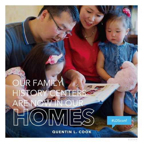 A photograph of a family looking at pictures, coupled with a quote by Elder Quentin L. Cook: “Family history centers are now in our homes.”