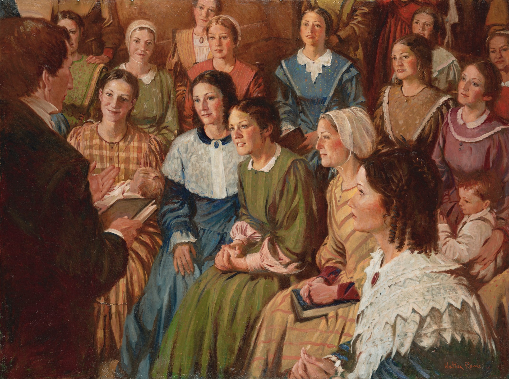 Painting depicts Joseph (seen in profile wearing a black/brown coat and a white shirt and holding a book in his right hand) speaking to a large group of women.  There are five women seated in the front row, six women in the second row, three women in the third row and four figures standing in the back that are only partially visible.   From left to right front row:  a Woman in a pale yellow plaid dress, brown center parted hair holding a child; and woman in a blue dress with a large white collar and a ringlet hairstyle; a woman in a green dress with pink under-sleeves leaning slightly forward; and woman in a yellow chevron striped dress with a white cap, woman in a dark dress and a white tiered lace collar with brooch and a ringlet-braid hairstyle.From left to right second row a woman in a green floral dress with a brown centered parted hair with a hand on her shoulder; a woman with a green floral dress with white collar and cap; a woman in a coral colored stripped dress with a cap far back on her head; and woman in a blue print dress with small white lace collar; a woman in a tan floral dress with light brown ringlets; and a woman in a pink dress with a small boy on her lap. Third row from left to right: a woman in a yellow stripped dress with a white inset and brooch, a woman in a pale blue dress with center parted hair and a woman in an orange/pink dress with a cap.  Standing are a figure in blue (arm only ) a woman in a brown dress with red cuffs(hand on the shoulder of the woman seated in front of her) and woman in a olive colored dress with a green stripe and a figure in a red dress. Lower red corner reads, "Walter Rane" in red.