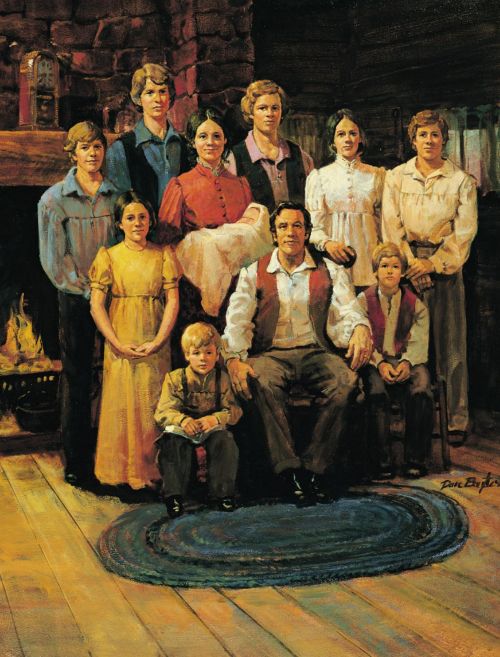 Portrait of Smith family. All family members are gathered with Joseph Smith Sr. seated in the center.