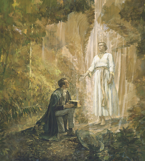 A painting by Kenneth Riley of Joseph Smith down on one knee in a grove of trees and holding the gold plates as he looks up at the angel Moroni.