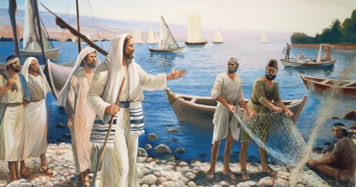Christ standing on a seashore. He is beckoning to two men who stand near Him. The two men are holding a fishing net over a small fire. Fishing boats and fishermen are visible in the background. The painting depicts Christ calling some of His Apostles or disciples.