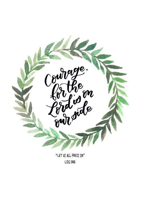 Text quote reading “Courage, for the Lord is on our side” in black cursive and framed by a watercolor wreath of green leaves.