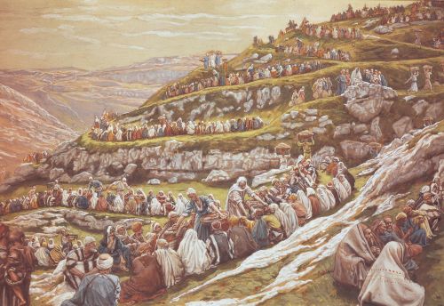 A painting by James Tissot showing 5,000 people on a hill being fed by Christ’s Apostles from baskets of food.