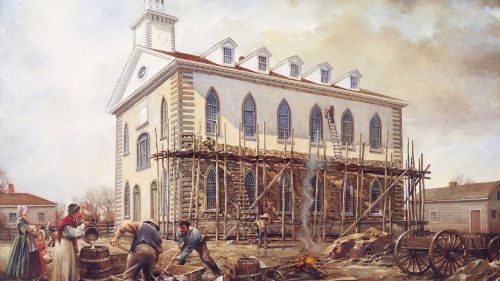 Painting of the Kirtland Temple under construction with scaffolding along one wall.