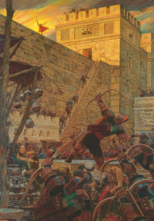 A painting by Arnold Friberg illustrating Samuel the Lamanite standing on a stone wall while Nephites attempt to kill him by shooting arrows.