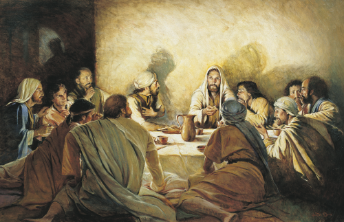 Painting of the Apostles around a low table as Jesus Christ administers the sacrament.