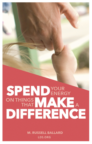 An image of a child’s hand holding an adult’s finger, with a text overlay in pink and white quoting Elder M. Russell Ballard: “Make a difference.”