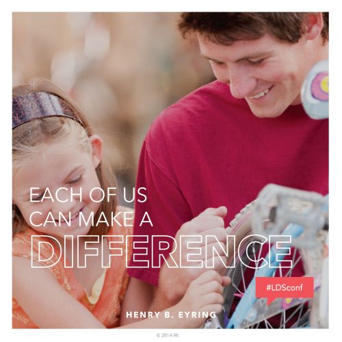 An image of a father and daughter fixing a bicycle, coupled with a quote by President Henry B. Eyring: “Each of us can make a difference.”
