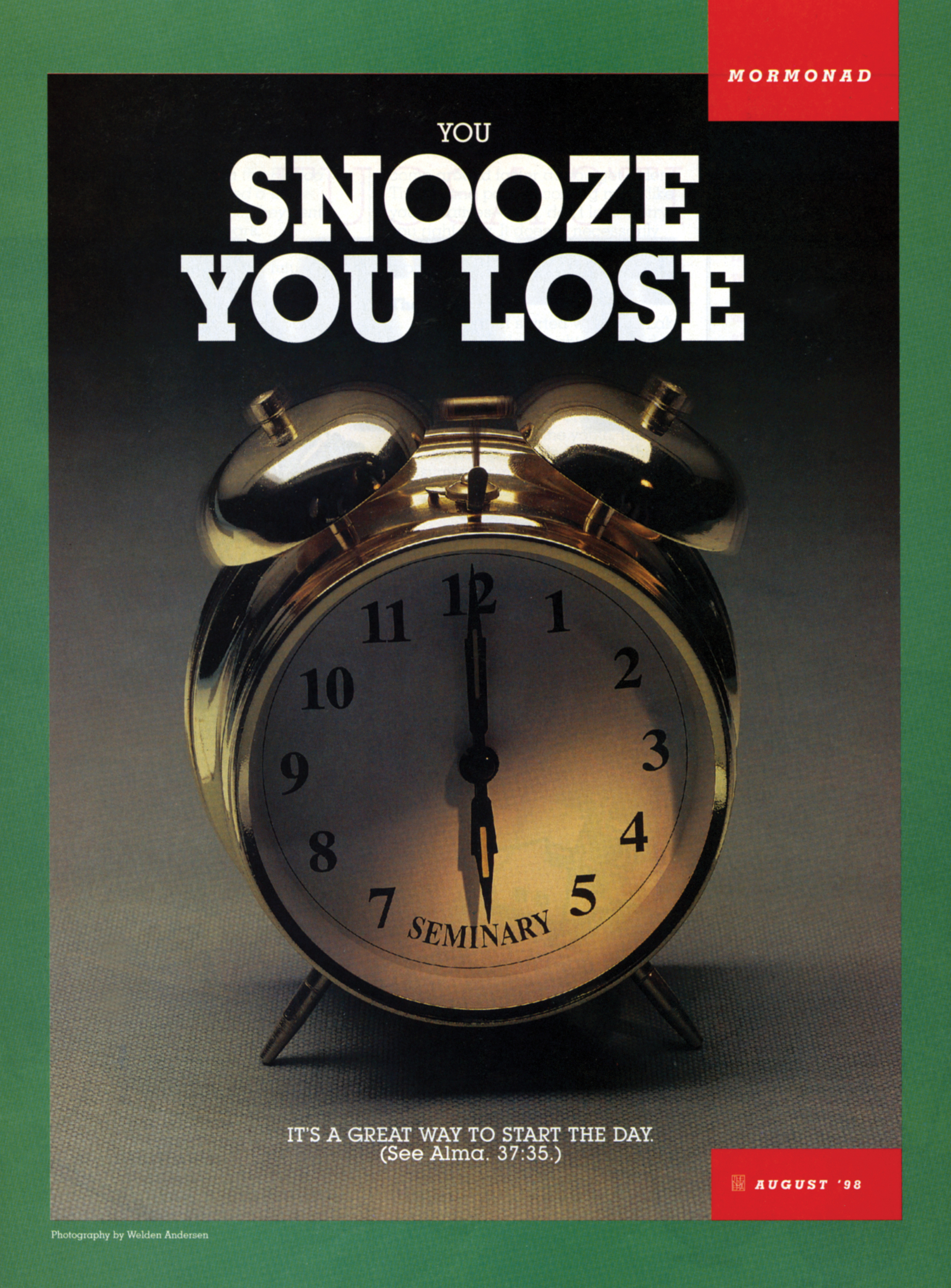 A conceptual photograph of an alarm clock with the word “Seminary” on it, paired with the words “You Snooze, You Lose."