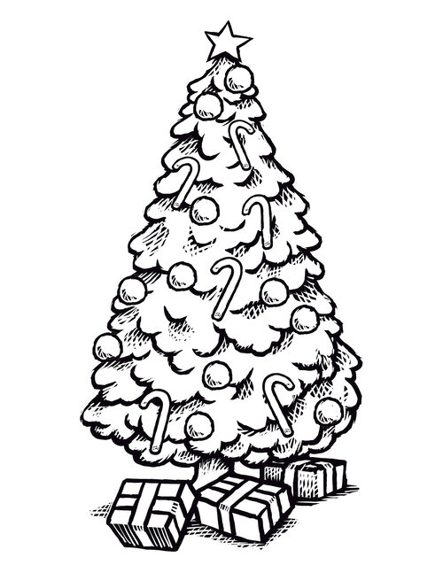 A black-and-white line drawing of a decorated Christmas tree with three wrapped gifts underneath it.