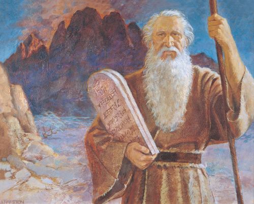 A painting by Jerry Harston of Moses with a long white beard, holding a staff and two stone tablets.