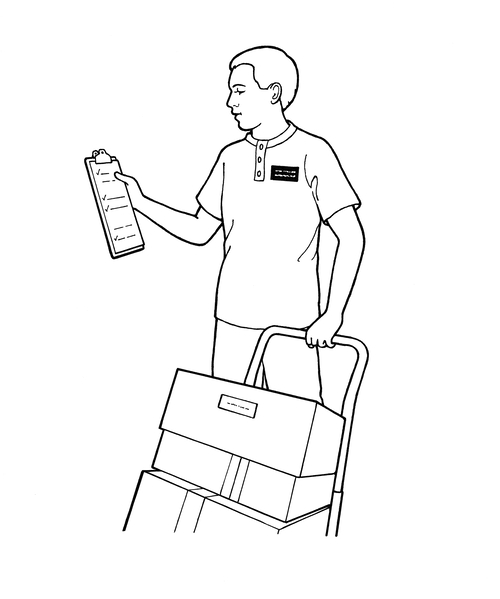 A black-and-white illustration of a young man wearing a missionary badge on a T-shirt, holding a clipboard, and pulling a dolly stacked with boxes.