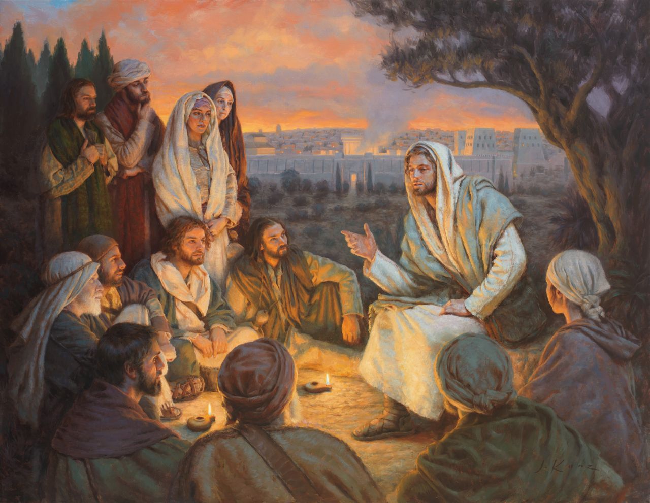 Jesus Cristo ensinando a Seus discípulos em um monte com vista para as portas da cidade de Jerusalém